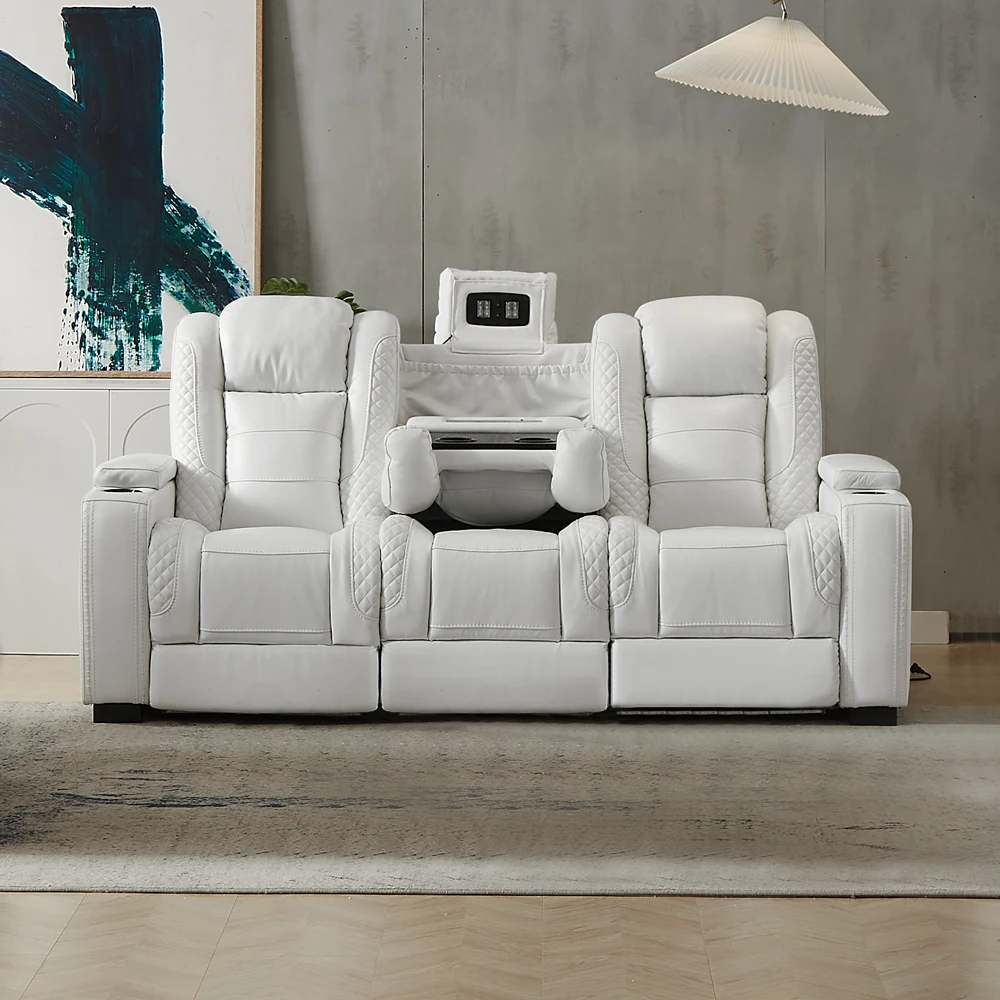 Home Cinema Usa - Luxury Power Recliner White Leather Sofa
